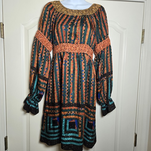 Anna Sui 2008 Silk Dress Long Sleeve Elasticized‎ Smocking  Flare Size 2 XS - Picture 2 of 8